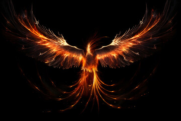 Wall Mural - Phoenix  fire bird with its wings spread out. A magical creature made of fire isolated on black background