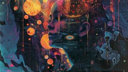 Poster - Futuristic cyber woman with technological motifs - A digital illustration of a woman's face emerges from a fantastical mesh of cyber and technological elements