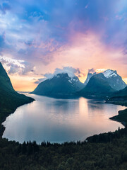 Wall Mural - Sunset Senja island in Norway aerial view mountains and fjord landscape Bergsbotn viewpoint scenery travel beautiful destinations northern scandinavian nature landmarks summer season