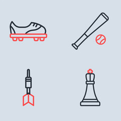 Canvas Print - Set line Baseball bat with ball, Dart arrow, Chess and Football shoes icon. Vector