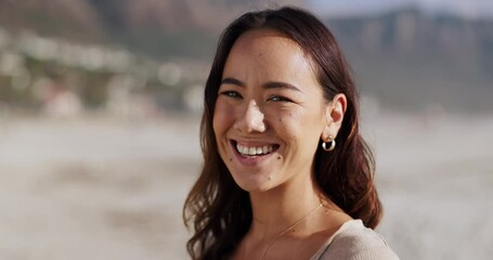 Poster - Portrait, beach and face of woman with smile for holiday, travel or summer vacation on tropical island. Female person, relax and happy with peace for break, getaway and tourism outdoors in Greece