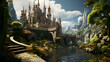 Fantasy landscape with fantasy castle and pond. 3d illustration.