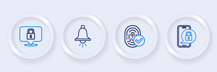 Sticker - Set line Mobile with closed padlock, Fingerprint, Ringing alarm bell and Lock icon. Vector