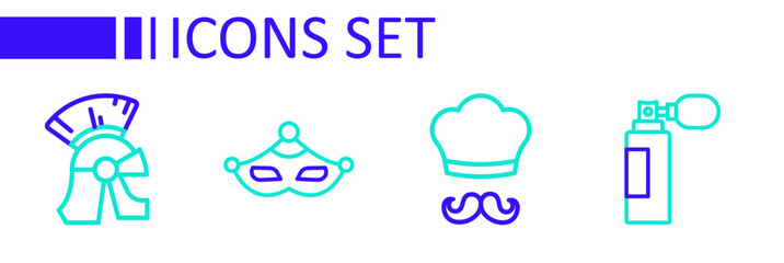 Sticker - Set line Perfume, Italian cook, Carnival mask and Roman army helmet icon. Vector