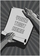 Hands holding Poster, Scroll. Black and White Retro Propaganda Style Illustration, Advertising Placard 