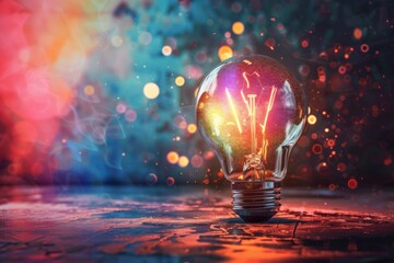 Poster - Colorful Illuminated Bulb on Wooden Surface - This vibrant image depicts a glowing bulb with a multicolored background on a rustic wooden table