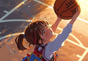 Sticker - a happy young girl playing basketball, wearing a colorful t-shirt on the court with the sun shining down