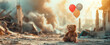 Kids teddy bear toy with balloons over city burned destruction of an aftermath war conflict, earthquake or fire and smoke of world war against children peace innocence as copyspace banner