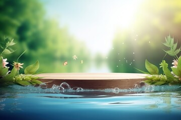 circular platform, round podium for product display in pond with calm and clear blue water. showcase