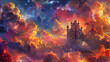 Fantasy world palace view of psychedelic smoky clouds