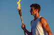 Silhouette of athlete with torch marks start of global sports event at dawn, torch keeper, Man with torch
