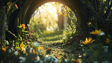 Wall Mural - Fantasy mysterious tunnel with blooming flowers. Spring background.