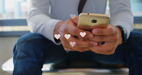 Poster - Image of caucasian woman using smartphone over cityscape