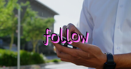 Poster - Image of follow text and data processing over biracial man using smartphone