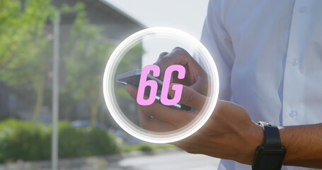 Sticker - Image of 6g text over biracial man using smartphone