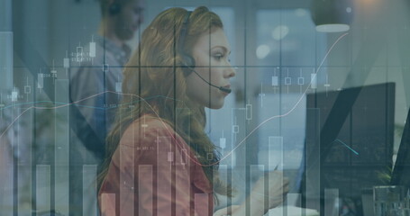 Poster - Image of statistical data processing over caucasian woman talking on phone headset at office