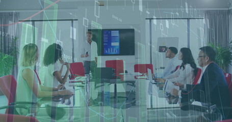 Poster - Image of statistical data processing over caucasian man giving a presentation at office