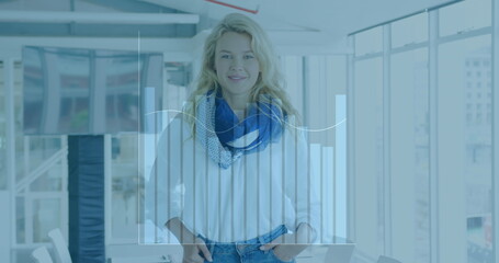 Poster - Image of financial data processing over caucasian businesswoman working at office