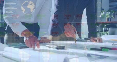 Poster - Image of financial data processing over diverse business people working at office