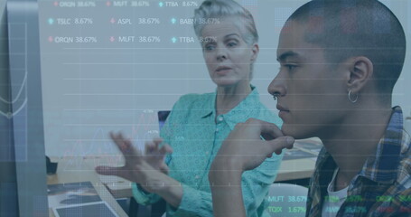 Poster - Image of trading board, graph over diverse coworkers discussing reports over computer in office