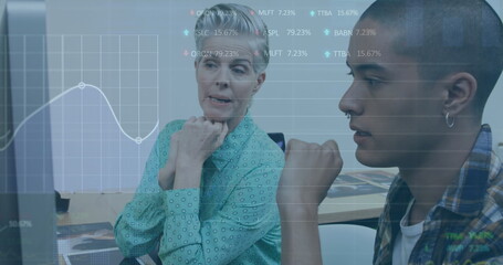 Poster - Image of trading board, graph over diverse coworkers discussing reports over computer in office