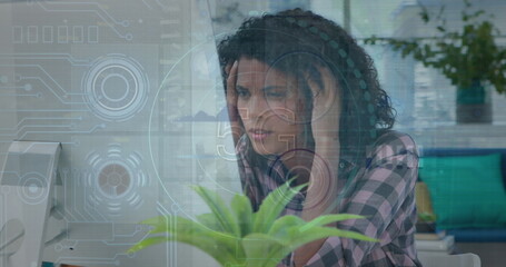 Poster - Image of data processing over biracial businesswoman using phone headphone in office
