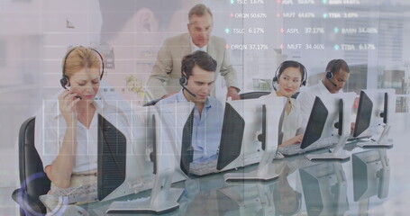 Poster - Image of data processing over diverse business people working in office