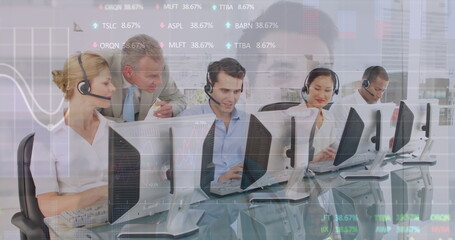 Poster - Image of data processing over diverse business people working in office
