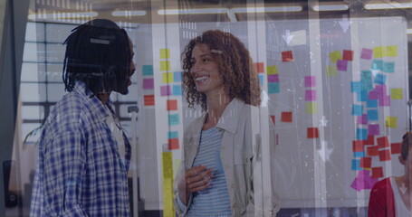 Poster - Image of financial data processing over diverse business people in office