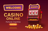 Fototapeta  - Casino free spins banner slots machine winner, jackpot fortune of luck. Vector illustration
