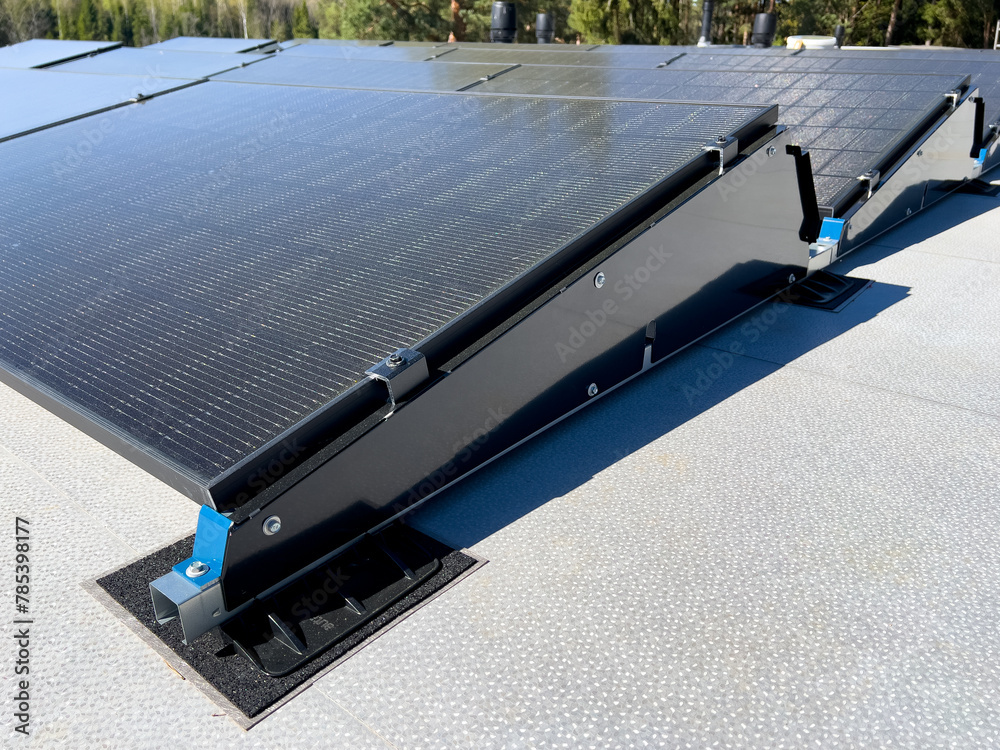 Photovoltaic system. Solar Panels on Flat Roof. Roof Solar Mounting ...