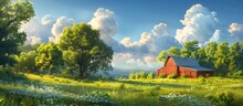 A Realistic Painting Of A Red Barn Standing In A Lush Green Field Under A Blue Sky.