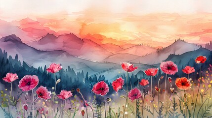 Wall Mural - Watercolor painting sunset in the mountains
