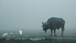 Lone African buffalo standing in the fog