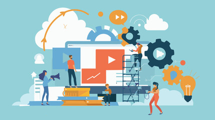 Flat vector illustration of business team creating video marketing content and uploading to cloud server for online distribution and promotion concept