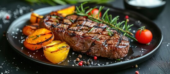 Wall Mural - A plate of steak and vegetables, including grilled zucchini, bell peppers, and carrots, resting on a wooden table.