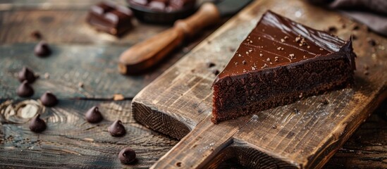 Wall Mural - A piece of chocolate cake sits on a rustic wooden cutting board, ready to be served or enjoyed.