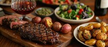 A Wooden Cutting Board Displaying A Juicy Steak And Roasted Potatoes, Ready To Be Served.