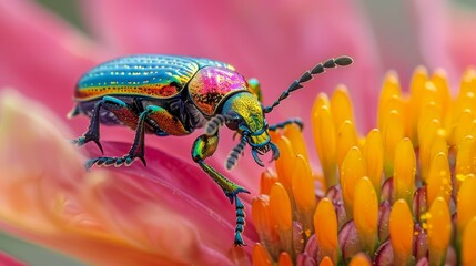Wall Mural - Insects and Bugs: A macro close-up photo of a beetle perched on a flower petal