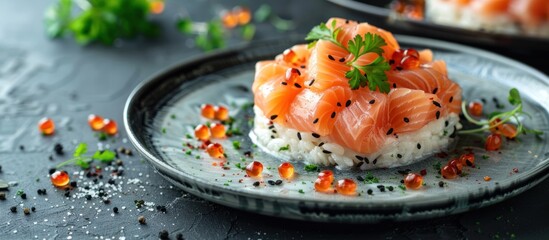 Poster - A plate filled with assorted sushi rolls, including smoked salmon, neatly arranged on a sleek black table.