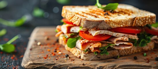 Wall Mural - A detailed view of a sandwich placed on a wooden cutting board, showcasing its layers and ingredients.