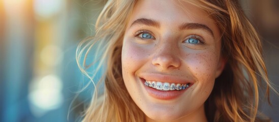 A young woman displaying a bright smile with orthodontic braces on her teeth.