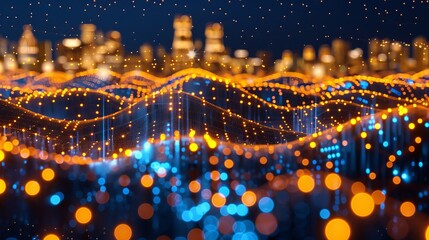 Poster - data flow streamline connection of information technology wave with particle network line