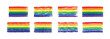 Set of grunge rainbow pride LGBT flags. Different flag textures hand drawn with a ink, crayon and chalk. Vector illustration isolated on white background.
