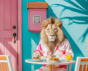 Wall Mural - Lion in a pastel outfit enjoying breakfast at an outdoor table. Surreal animal concept. Pastel Lion Breakfast.