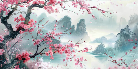 Vintage style traditional Japanese painting of cherry blossom tree. 