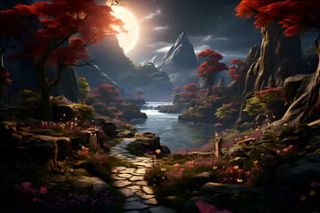 Wall Mural - Fantasy landscape with red forest and lake. 3D illustration.