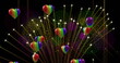 Image of pride rainbow hearts and fireworks exploding on black background