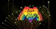 Image of pride rainbow love is love text, heart and fireworks exploding on black background