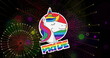 Image of pride rainbow text, unicorn and fireworks exploding on black background
